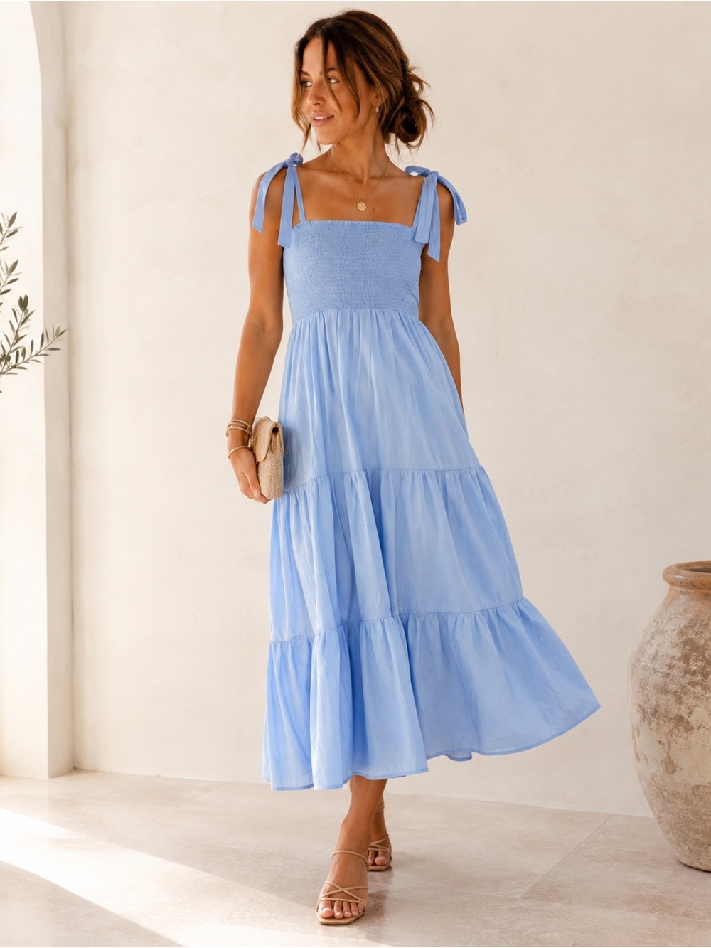 Xirena Lorraine Dress Smocked Tiered Midi XS Cruise Blue Cotton Poplin Tie Strap